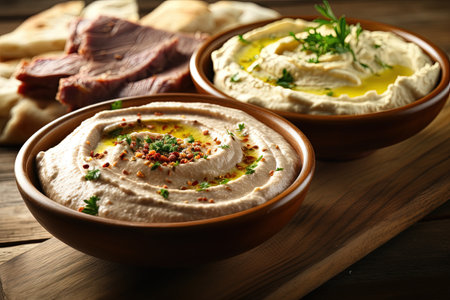 Traditional hummus and hummus with meat on a wooden tableの素材