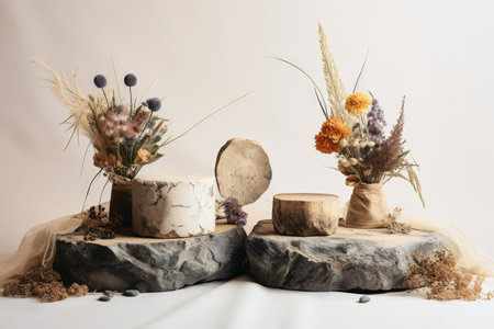 White table with dried flowers and ornamental stone podiumsの素材