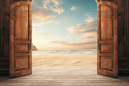 Travel concept Desert leading to beach access via an open doorの素材