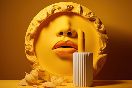 Yellow background with decorative plaster podium and lipstickの素材