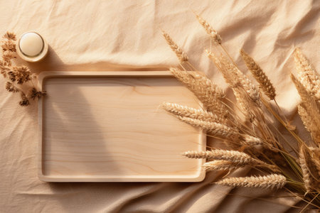 Woodcut banner on beige background with pampas grass Wooden platform for natural cosmetics display wの素材