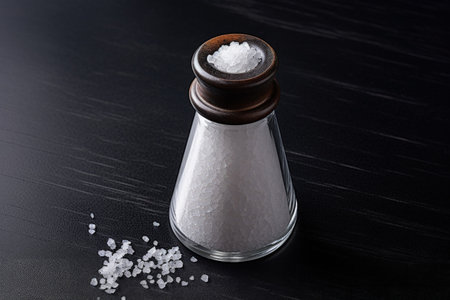 White salt shaker on black stone background from aboveの素材