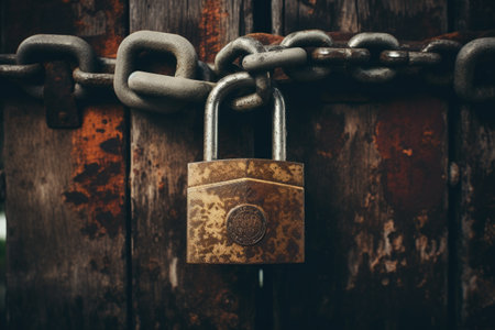 Vintage padlock hanging on a sturdy chain securing a passageの素材