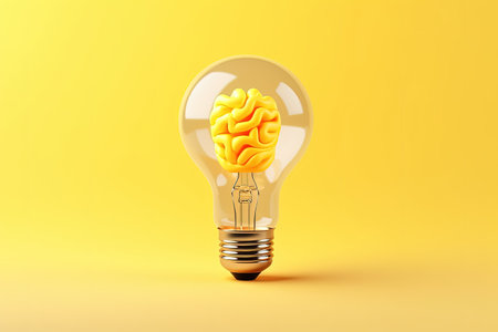 Yellow background with lamp bulb containing human brain room for text Generating ideasの素材