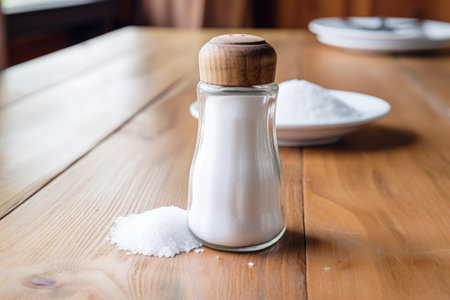 Photo pour White salt being spilled from a salt shaker onto a wooden table - image libre de droit