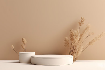White podiums with dry flowers and shadows on beige background Product presentation stand 3D Renderの素材