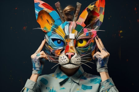 Surrealistic art collage featuring artist female hands holding paints and a cat s head Limited spaceの素材