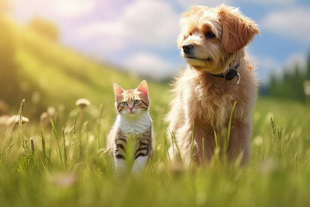 A cat and dog both furry friends stroll on a sunny meadowの素材