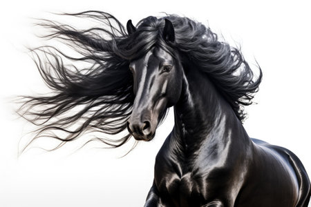 A white background portrait of a black stallion with a long mane in motionの素材