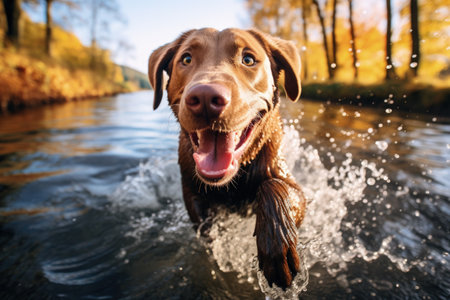 A puppy Labrador is frolicking in an autumn river with a beautiful faceの素材