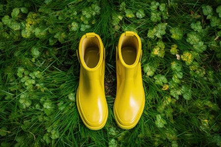 Aerial view of yellow rubber boots on green grass in a forestの素材