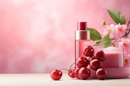 Anti aging cosmetics with fruit extract and cherry flavor Lipstick cream and vitamin serum on a podiの素材