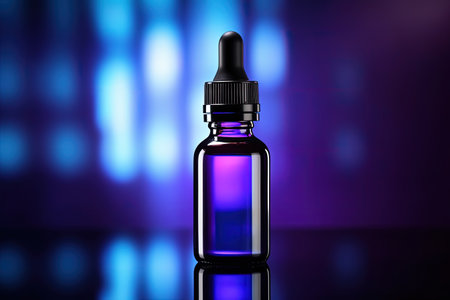 Amber glass bottle with black cap in neon blue and purple lighting Skin care products natural cosmetの素材