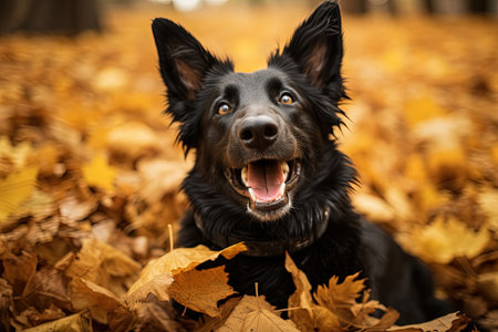 Autumn leaves surround an adorable old German Shepherd with a warm smileの素材
