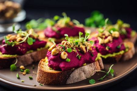 Beet hummus nut crusted bruschetta with microgreens Vegan plant based dish Organic vegetarian greenの素材
