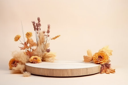 Autumn themed podium adorned with wooden elements and dry flowers on a beige backdropの素材