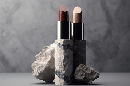 Beauty products showcased in a natural and abstract composition with a lipstick tube on a stone podiの素材