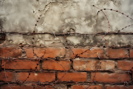 Barbed wire fence on brick wallの素材