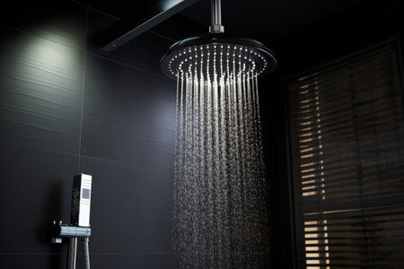 Black rain shower head and hand shower illuminated by ceiling LED lights in bathroom in close proximの素材