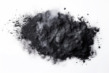 Black coal powder scattered on a white background from a top viewの素材