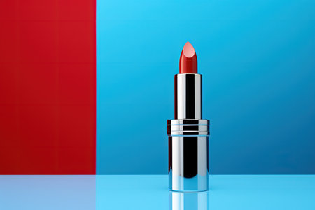 Blue background with lipstick on podiumの素材