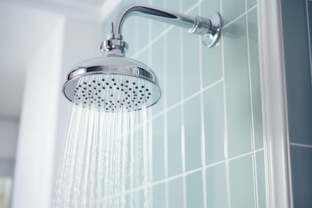 Close up of a white shower in the bathroomの素材