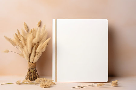 Blank white book mockup with dry flower on beige backgroundの素材