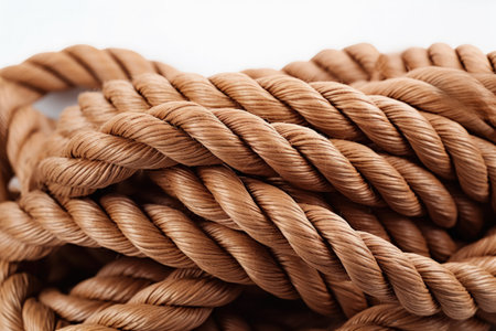 Brown nautical ropes with knots isolated on white seen up closeの素材