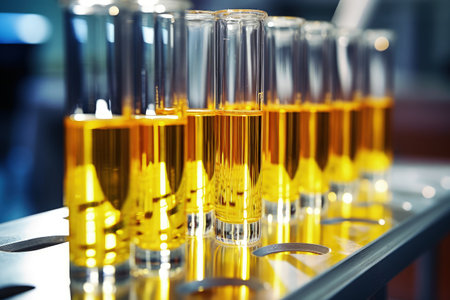 Checking petroleum product quality using yellow viscous liquid in chemical laboratory closeupの素材