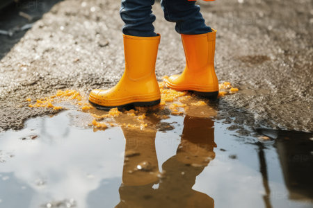 Child happily walks in a street puddle wearing orange rain bootsの素材