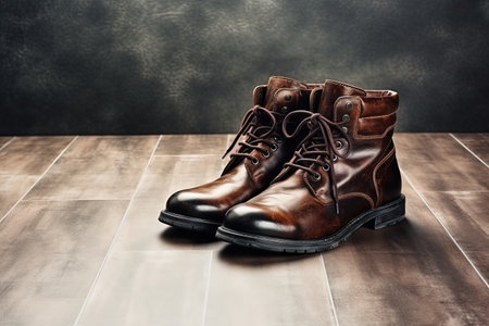 Brown leather boots on the floorの素材