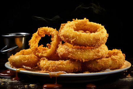 Breaded onion rings deep fried until golden and crispyの素材
