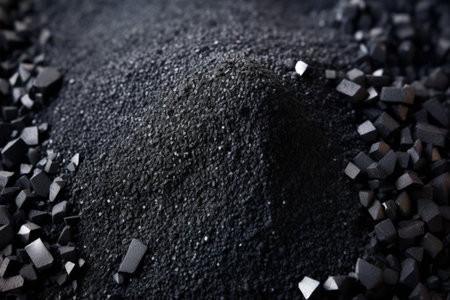 Close up gradient macro texture of fine black coal powder with small granules on a white backgroundの素材