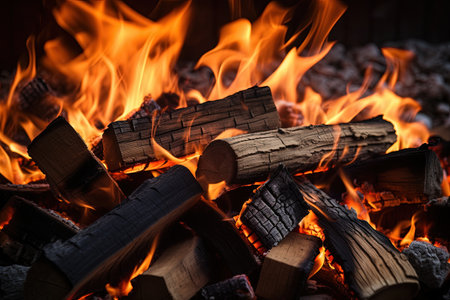 Close up background texture of burning firewood in a fireplaceの素材