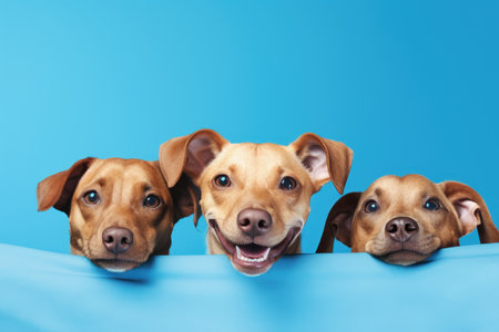 Close up of three dogs heads Isolated on blue backgroundの素材
