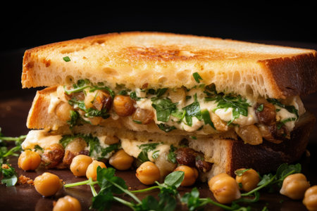 Close up view of a sandwich made with sourdough bread hummus fresh parsley chickpeas and olive oilの素材