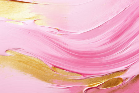 Abstract gouache brush strokes texture of pink paint with gold glitter against white backgroundの素材