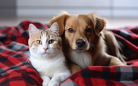 Cute cat and dog cuddling indoors on plaidの素材
