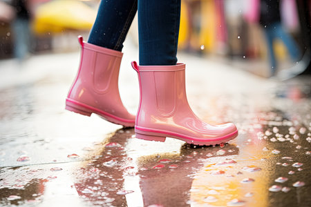 Detail of young woman walking in pink rain bootsの素材