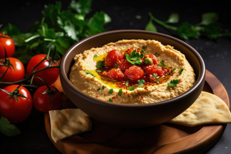 Delicious tomato topped hummus bowlの素材