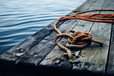 Dark water below boat rope tied to cleat on wooden dockの素材