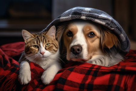 Dog and cat find warmth together under a plaid blanketの素材