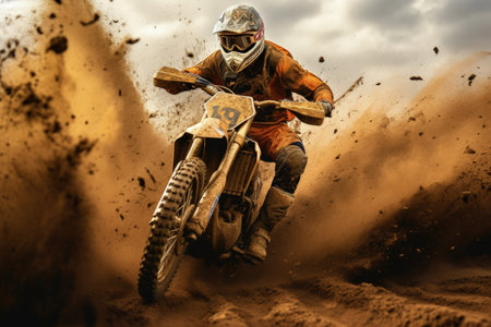 Dust rises in the wake of a loud motocross riderの素材