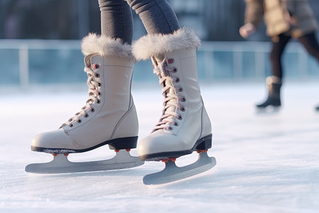 Figure skater tying ice skates for winter sport on rinkの素材