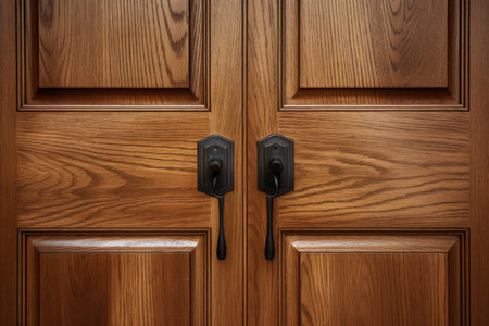 Digital locking on an oak wood door with a doorwayの素材