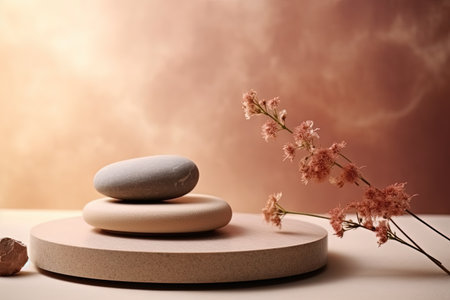 Empty stack of stones and dry flower on beige background Stone podium for cosmetics displayの素材