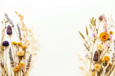 Flower hobby dried plants for decoration flat lay on white background framedの素材