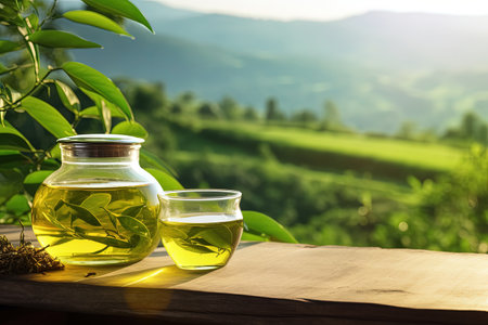 Fresh green tea leaves in jars and cup on wooden table with tea plantations in the backgroundの素材