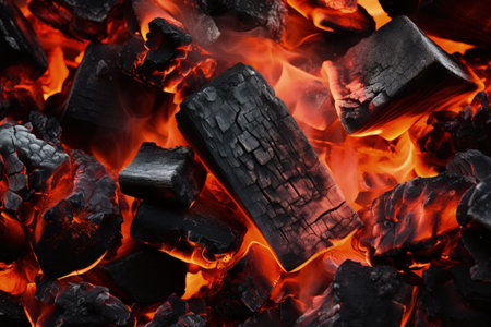 Fiery hues of red coals and charred wood while hot orange embers adorn the Russian stove providing aの素材