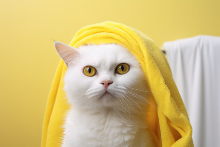 Funny white cat with yellow towel on head in portraitの素材